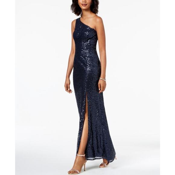 NWT Adrianna Papell Navy Sequin One Shoulder Formal Gown (Size US 8) - Picture 1 of 12